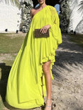 Irregularity Loose Pleated Solid Color One-Shoulder Maxi Dresses