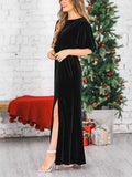 Zjkrl - Fashion Velvet Round Neck High Slit Maxi Dresses