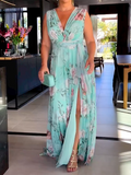 Zjkrl - Sleeveless Floral Printed Split-Side V-Neck Maxi Dresses