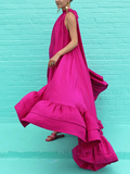 Loose Sleeveless Falbala Solid Color Stand Collar Maxi Dresses