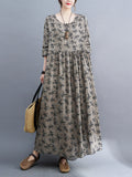 Zjkrl - Artistic Retro Long Sleeves Loose Floral Printed Round-Neck Midi Dresses