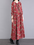 Zjkrl - Casual Long Sleeves Loose Floral Printed Round-Neck Midi Dresses