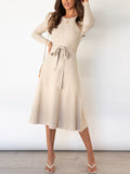 Zjkrl - High Waisted Long Sleeves Solid Color Tied Waist Round-Neck Midi Dresses Sweater Dresses