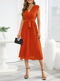 Zjkrl - Sleeveless Pleated Solid Color Tied Waist V-Neck Midi Dresses