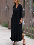 Zjkrl - Long Sleeves Loose Solid Color Split-Side V-Neck Maxi Dresses