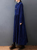 Zjkrl - Vintage Split-Joint Solid Color Long Sleeves Lapel A-Line Corduroy Midi Dress