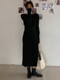 Zjkrl - Simple Long Sleeves Black Split-Joint Elasticity Waist Pleated Midi Dress