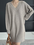 Zjkrl - Simple Loose Long Sleeves Solid Color V-Neck Sweater Dresses