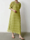 Zjkrl - Flared Sleeves Half Sleeves Pleated Solid Color Round-Neck Midi Dresses