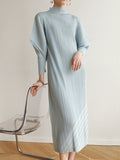 Zjkrl - Original Creation Loose Long Sleeves Pleated Solid Color High-Neck Midi Dresses