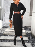 Zjkrl - Long Sleeves Loose Buttoned Split-Joint Round-Neck Midi Dresses Sweater Dresses