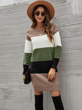 Zjkrl - Casual Long Sleeves Contrast Color Round-Neck Sweater Dresses