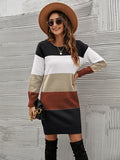 Zjkrl - Casual Long Sleeves Contrast Color Round-Neck Sweater Dresses