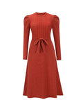 Zjkrl - High Waisted Long Sleeves Solid Color Tied Waist Round-Neck Midi Dresses Sweater Dresses