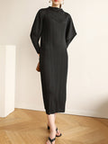 Zjkrl - Original Creation Loose Long Sleeves Pleated Solid Color High-Neck Midi Dresses