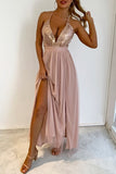 Zjkrl - Red Sexy Formal Solid Sequins Patchwork Backless Slit Spaghetti Strap Evening Dress Dresses