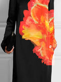 Zjkrl - Long Sleeves Loose Flower Print Round-Neck Maxi Dresses