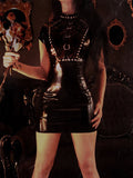 Punk Grunge PU Black Summer Dress For Women Gothic Clothes Patchwork Mini Dress Streetwear Slim Bodycon Party Club Dress
