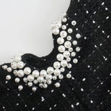 New Women Vintage Tweed Black Plaid Hollow Out Dress Female Casual Pearl Decoration Slim Square Collar Mini Dresses