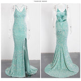 Luxury Mint Sequin Slip Lace Up Long Cocktail Party Dress Backless Hollow Out Velvet V Neck Maxi Gown Celebrity Women Summer