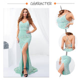 Luxury Mint Sequin Slip Lace Up Long Cocktail Party Dress Backless Hollow Out Velvet V Neck Maxi Gown Celebrity Women Summer