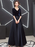 V-neck Bow Waist A-line Satin Evening Dresses Short-Sleeve Velour Formal Women Prom Dresses Elegant Graduation Party Gowns