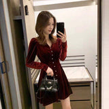 Zjkrl - Autumn Winter women's Velvet Dress Red Sexy slim Pleated Short Dress Elegant V Neck Long Sleeve Button Party Dresses for Women