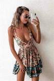 Zjkrl Bohemian Style Women Summer A-Line Dress Bandage Design Sling Sleeveless V-Neck Backless Leopard Flower Print Slim Mini Dress