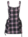 Zjkrl Gothic Plaid Bandage Black Blue Dress Women Vintage Sleeveless Zipper Sexy Mini Dress Punk Aesthetic Summer A Line Dress