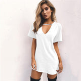 Zjkrl - Deep V Neck Sexy Summer Dress Women Solid Color Hanging neck hollow White Mini Dress Pleated Party Dress