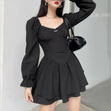 Zjkrl - Fashion Elegant Puff Sleeve Black Dress Women Corset Autumn Pleated Sexy Party Dress Mini Double Layer Ruched Clothes