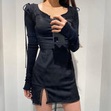 Zjkrl -  Strappy Satin Ruched Black Dress Mini Lace Spliced Side Split Sexy Dress Female Sundress Backless Ladies Dresses