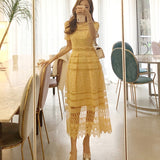 Summer 2023 Women Yellow Hollow Out Lace Party Dress Elegant Female Short Sleeve Casual Big Swing Long Beach Dresses Vestidos