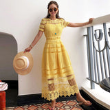 Summer 2023 Women Yellow Hollow Out Lace Party Dress Elegant Female Short Sleeve Casual Big Swing Long Beach Dresses Vestidos