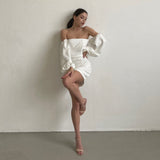 Zjkrl - Churses Sexy Off The Shoulder Bodycon White Dress Autumn Puff Sleeve High Waist Mini Night Club Party Desses For Women 2023