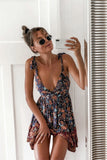 Zjkrl Bohemian Style Women Summer A-Line Dress Bandage Design Sling Sleeveless V-Neck Backless Leopard Flower Print Slim Mini Dress