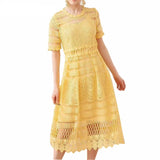 Summer 2023 Women Yellow Hollow Out Lace Party Dress Elegant Female Short Sleeve Casual Big Swing Long Beach Dresses Vestidos