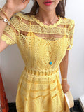 Summer 2023 Women Yellow Hollow Out Lace Party Dress Elegant Female Short Sleeve Casual Big Swing Long Beach Dresses Vestidos