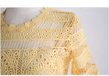 Summer 2023 Women Yellow Hollow Out Lace Party Dress Elegant Female Short Sleeve Casual Big Swing Long Beach Dresses Vestidos