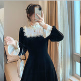 Zjkrl - French Retro Black Midi Dress Women Elegant One Piece Dress Korean Autumn SLim Lace Evening Party Velvet Dress Female Cute