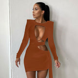 Zjkrl Fall Party Dresses For Women Black Sexy Hollow Out Bodycon Dresses Women Autumn Bandage Long Sleeve Elegant Party Evening Wrap Mini Dress Club Outfits