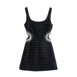 New Women Vintage Tweed Black Plaid Hollow Out Dress Female Casual Pearl Decoration Slim Square Collar Mini Dresses