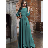 Zjkrl - Casual O-Neck Belt A-Line Long Dress Autumn Lantern Sleeve High Waist Elegant Party Floor-Length Dresses For Women