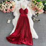 New Summer Women Dress V-neck Backless Long Dress Female Sexy Tube top Strap Dress Pleated Bohemian Party Dresses Vestido