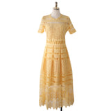 Summer 2023 Women Yellow Hollow Out Lace Party Dress Elegant Female Short Sleeve Casual Big Swing Long Beach Dresses Vestidos