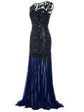 Vestidos Vintage Mujer Sequins Beading Long Evening Dresses Formal Round Neck Lace Long Sexy Women Party Special Occasion