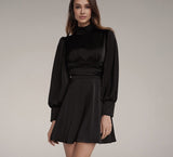 Zjkrl - Fashion Stand Collar Satin Women Dresses Autumn Elegant Long Sleeve Backless Mini Dress Casual Sliim Pleated  Dress Robe