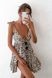 Zjkrl Bohemian Style Women Summer A-Line Dress Bandage Design Sling Sleeveless V-Neck Backless Leopard Flower Print Slim Mini Dress