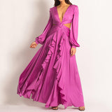 Woman Dress  High Waist V-neck Women's Dress Pleated Solid Color Ruffled Dress Dresses For Women