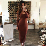 Women V-Neck Long Sleeve Knitted Ribbed Maxi Dress Spring Autumn New Solid Color Caual Slim Bodycon Robe Pencil Party Vestidos
